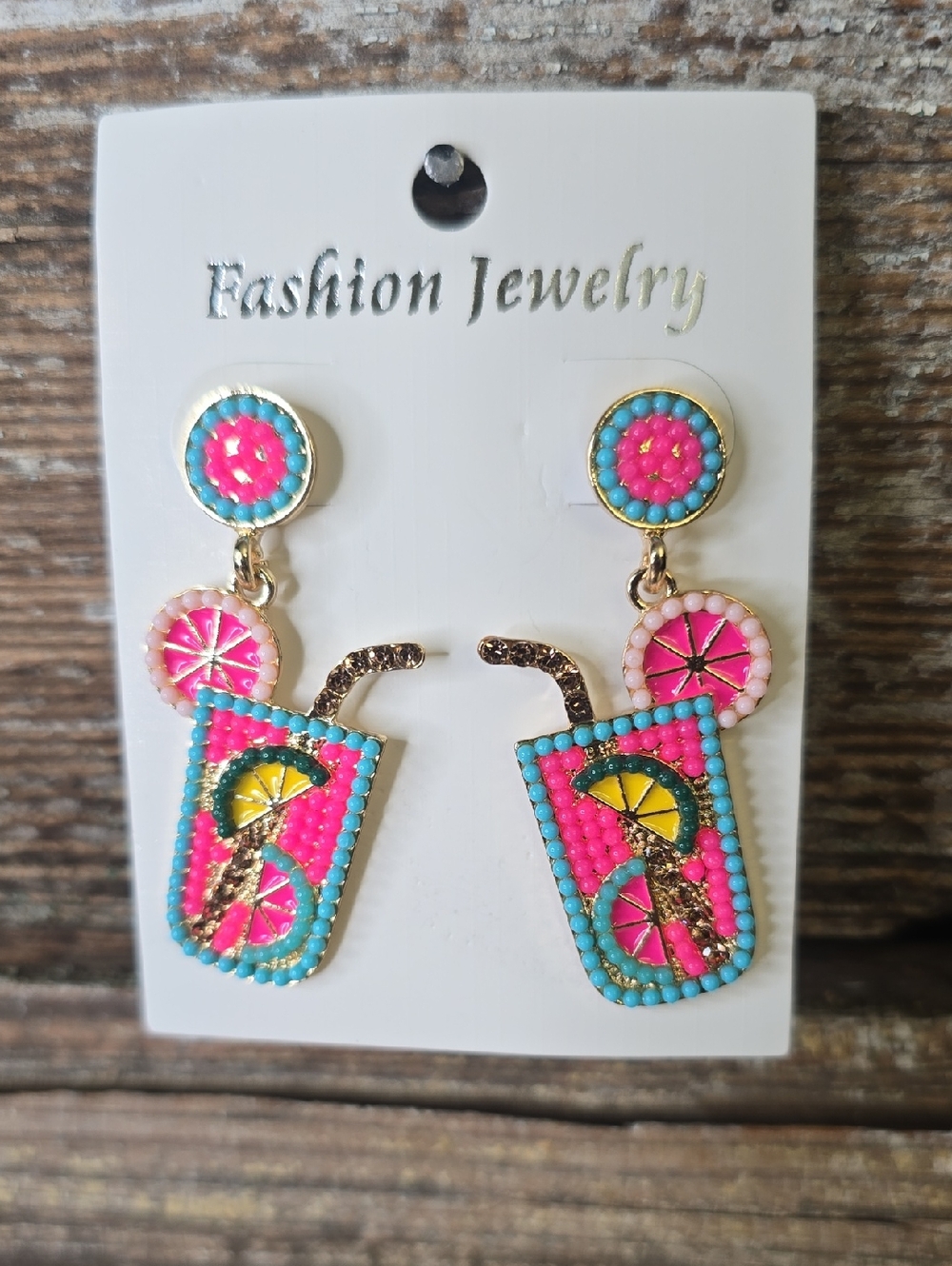 Hellodr Tropical Pink & Turquoise Drink Dangle Earrings, NWT